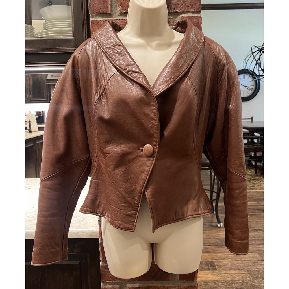 VTG Frenze Brown leather Crop Jacket Big Shoulder 80s Sz M